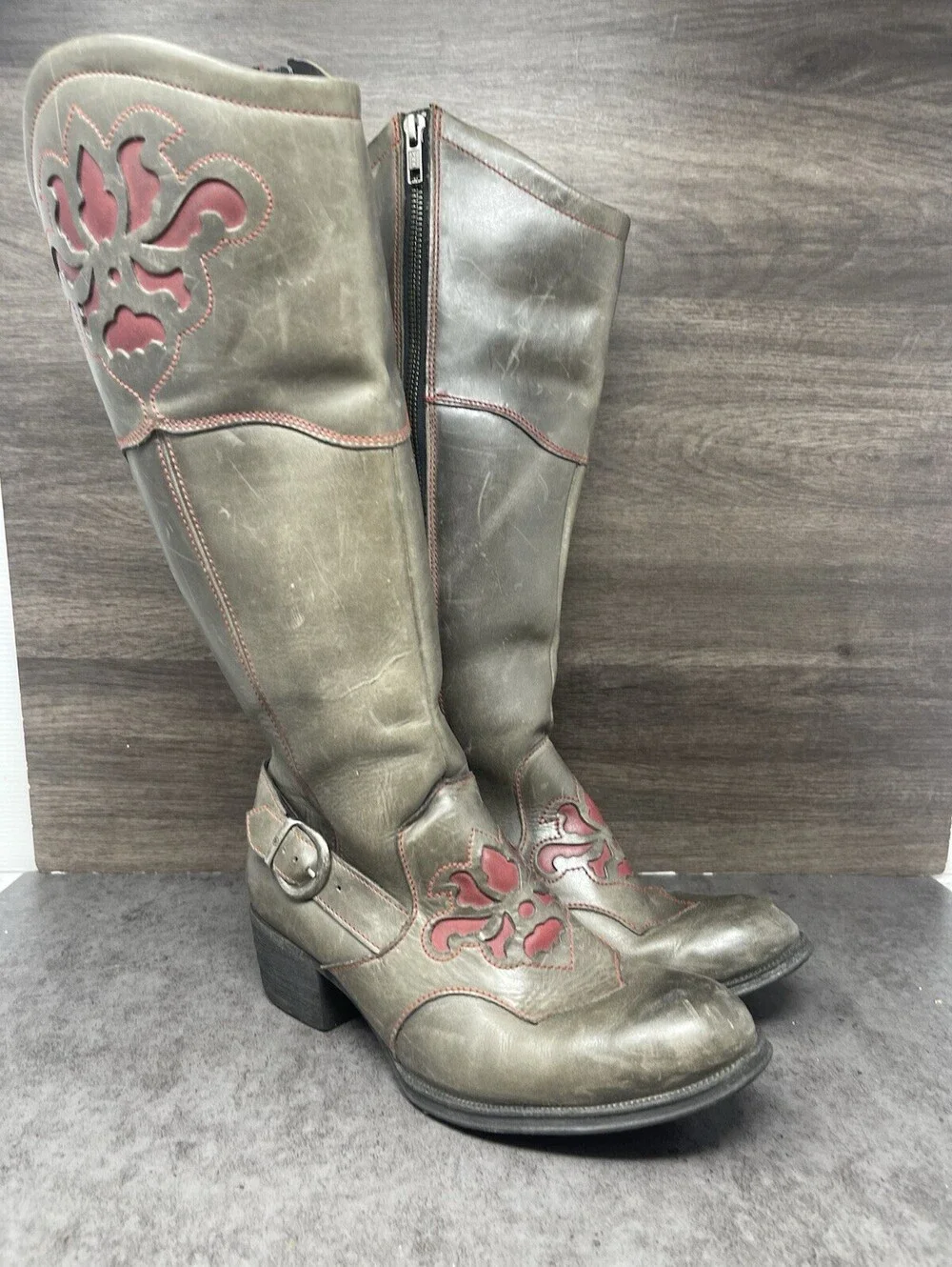 BORN Moe Distressed Leather Wide Calf Boots Womens Size 6 Grey Red High Tall